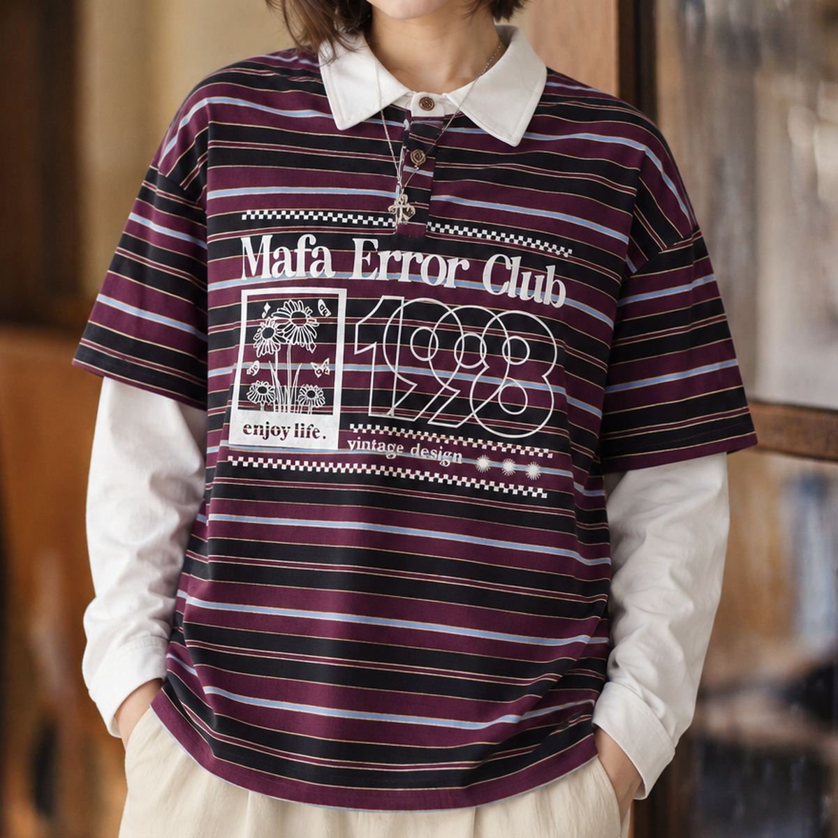 條紋印花假兩件長袖 Polo 上衣 · S08
