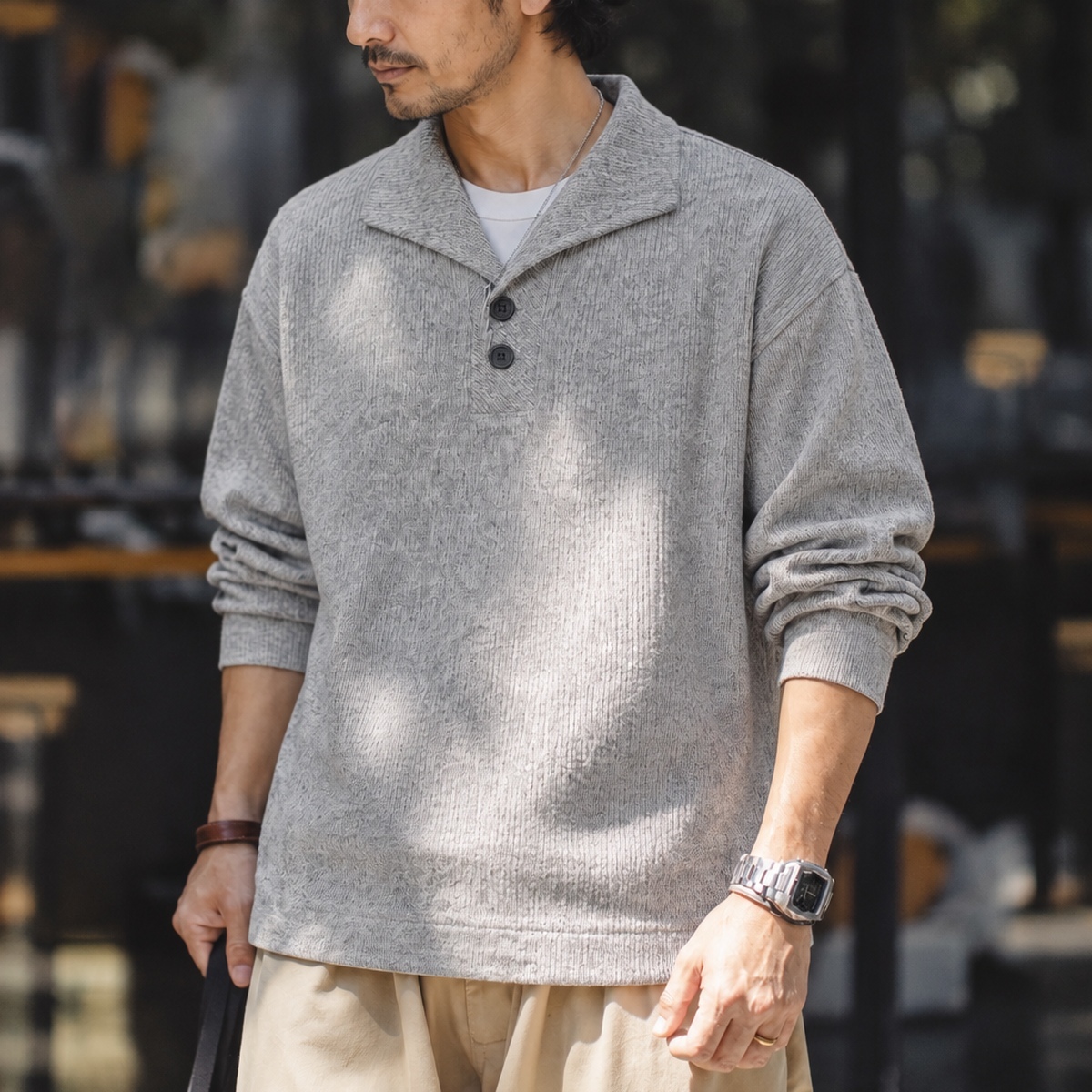 復古雙扣翻領細直紋寬鬆長袖上衣 · S08