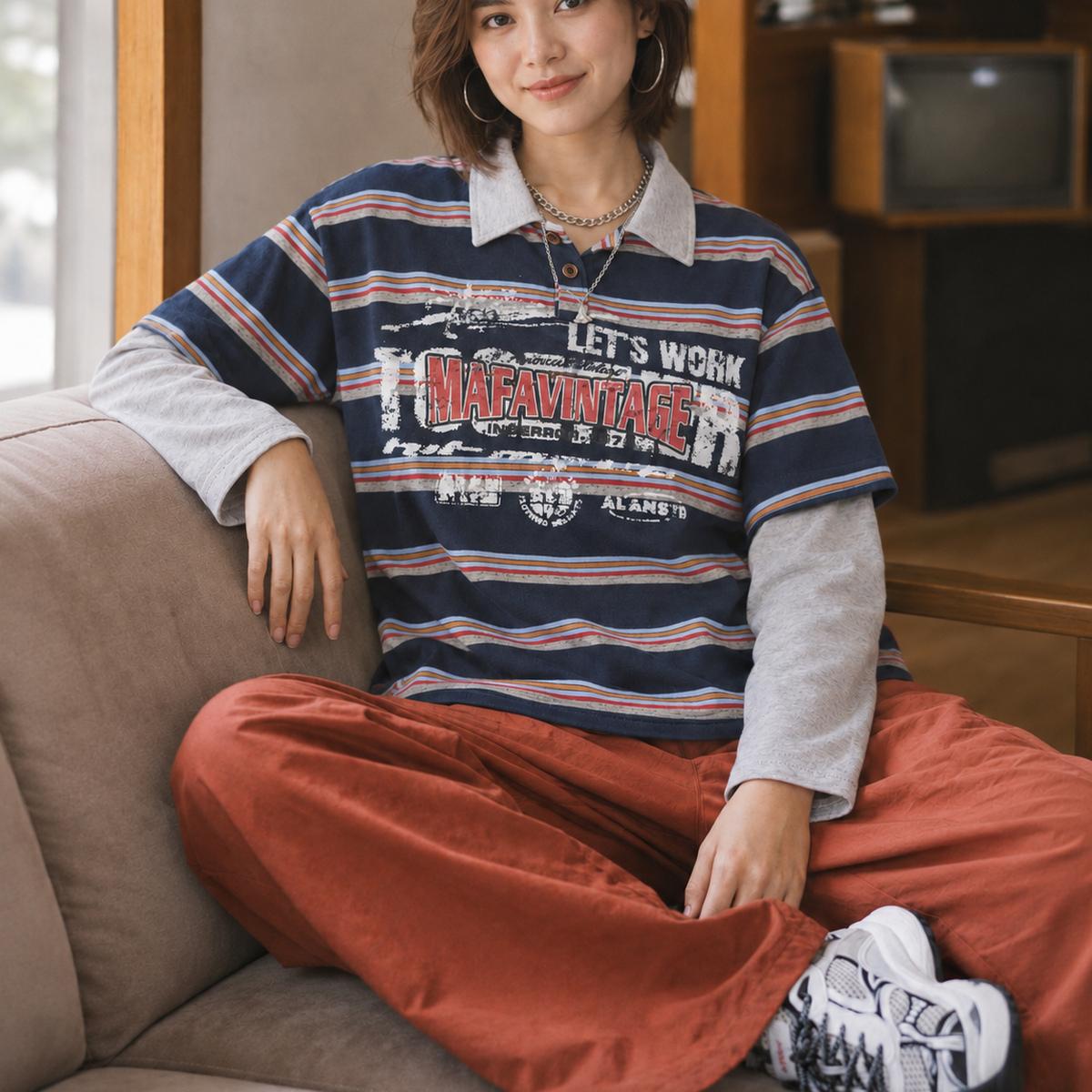 復古條紋印花假兩件翻領長袖上衣 · S08