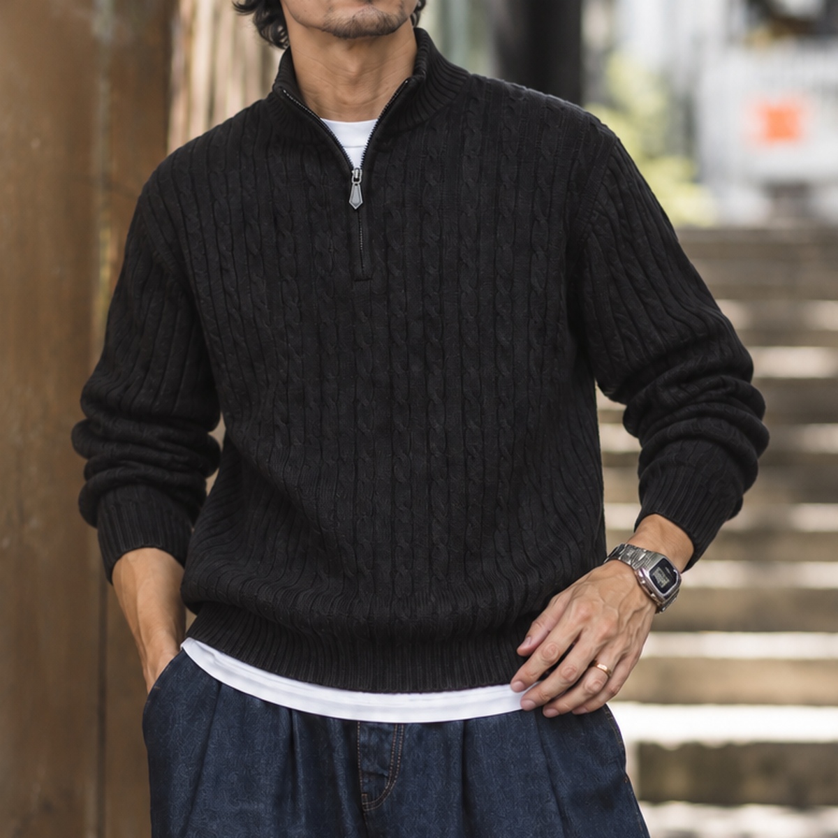 復古細麻花半拉鍊立領針織毛衣男士寬鬆長袖休閒上衣 · S08