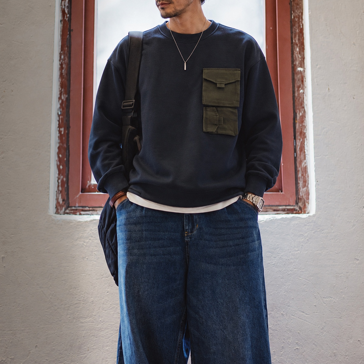 復古雙層胸袋圓領衛衣男士寬鬆落肩版型 · S08