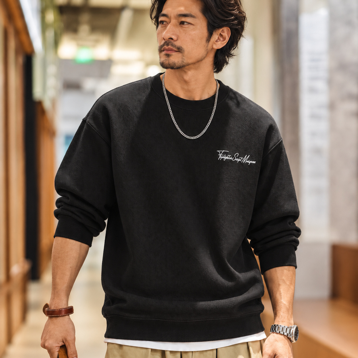美式重磅斜紋字母刺繡落肩寬鬆圓領長袖衛衣男款