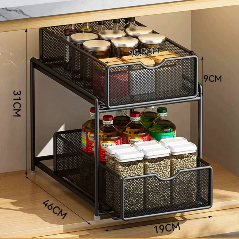 Mesh sliding under sink cabinet rack