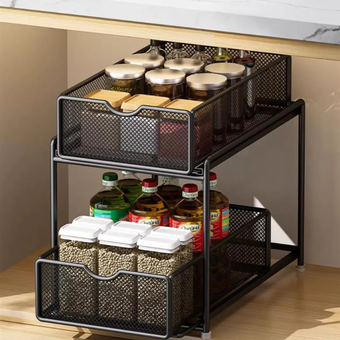 Mesh sliding under sink cabinet rack