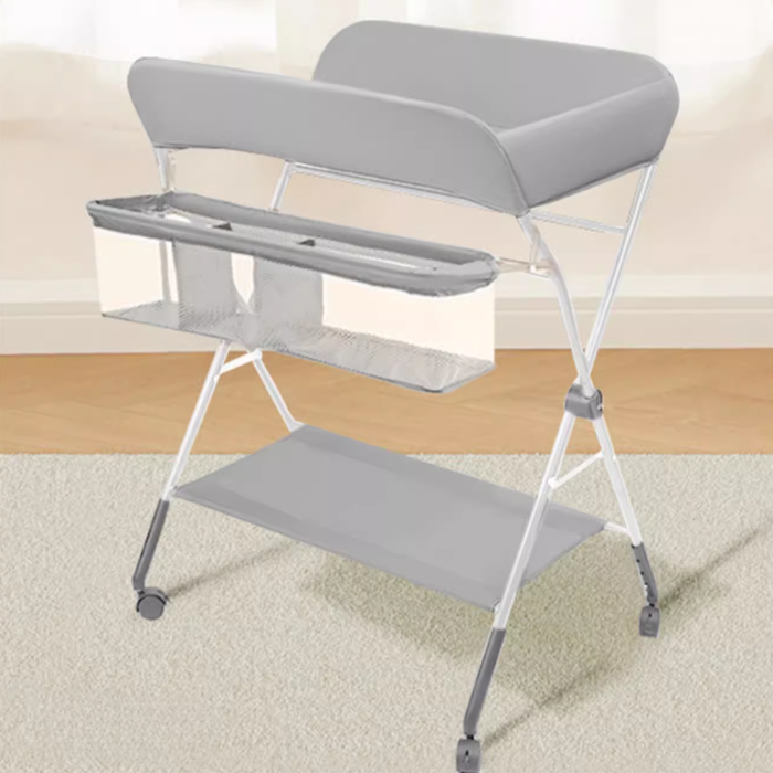 Baby Changing Table, Portable Folding Diaper Changing Station with Wheels, Toddler Storage Rack, Mobile Nursery Organizer for Newborn Infant