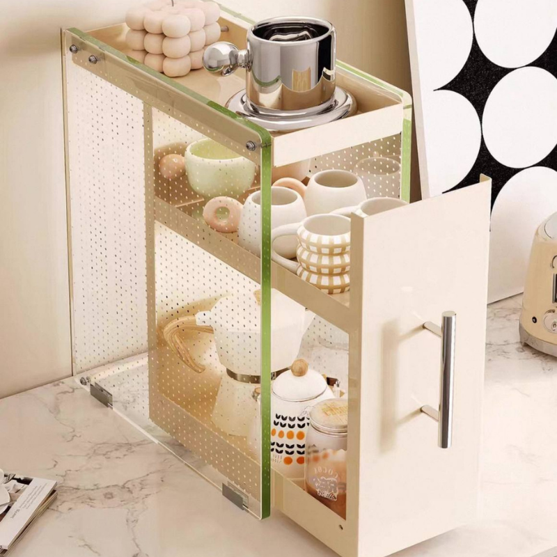 Minimalist Kitchen Countertop Sliding Drawer Cabinet pantry – Organizer with Pull-Out Drawers – Space-Saving Storage Rack for Spices, Coffee Pods, Utensils – Sturdy Metal Frame 