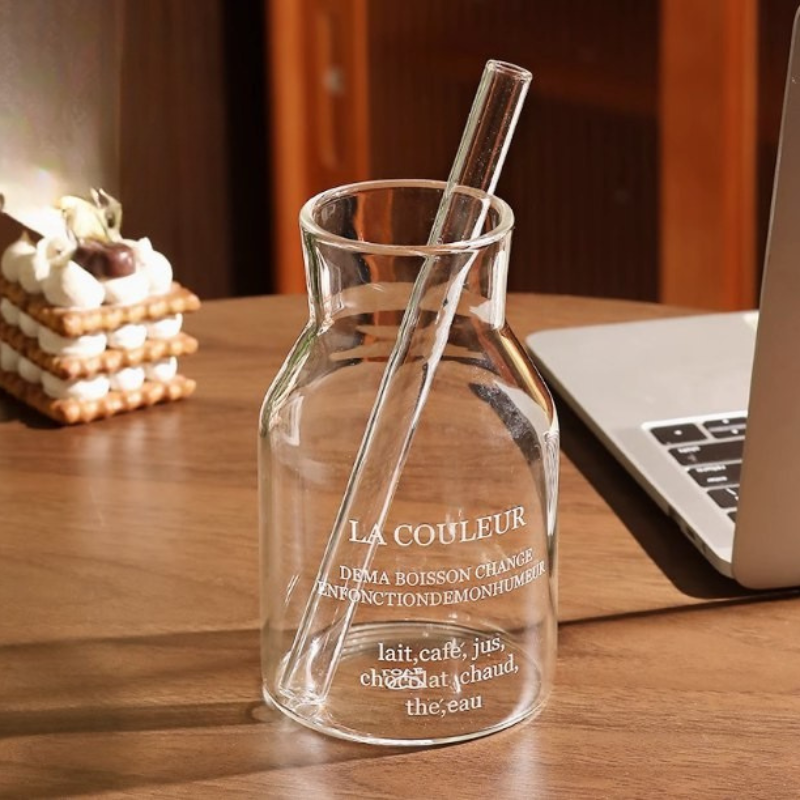 Glass Cup with Straw and lid, minimalist design