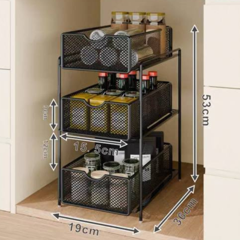 Mesh sliding under sink cabinet rack