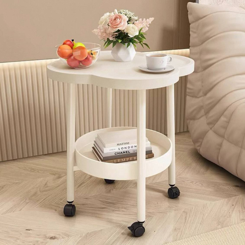 Clover-Shaped Coffee Table with Wheels – Mobile Living Room Center Table with Unique Top & Storage Rack – Modern Design, Wood Finish, Easy to Move