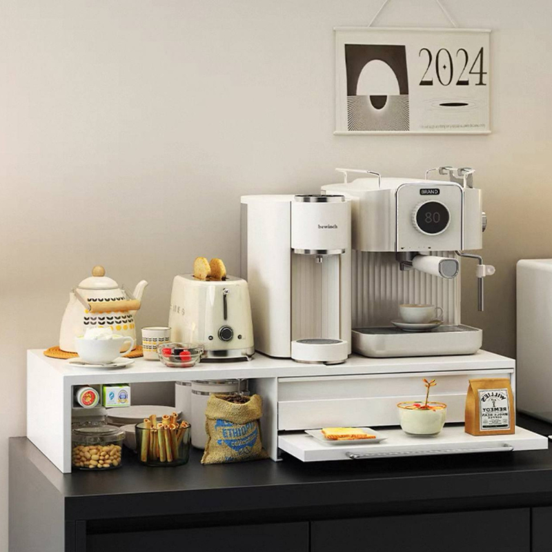 Coffee Machine Kitchen Pantry Organizer Rack – Espresso Station with Drawer, Capsule Rack, Extendable Shelf – Space-Saving, Stylish Coffee Bar Organizer for Home or Office