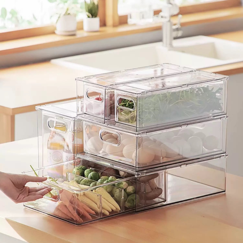 Aesthetic Kitchen Storage Box for Under-Sink, Pantry & Countertop Organization – Stackable Clear Refrigerator Storage Drawer – Fridge Organizer with Pull-Out Drawer