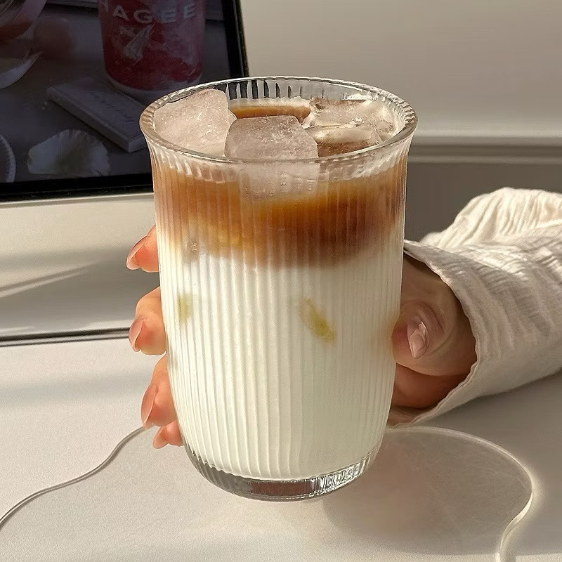 Aesthetic glass cup Fluted ribbed Drinking Glass Mug for Ice Coffee, Matcha Cocktails tea 