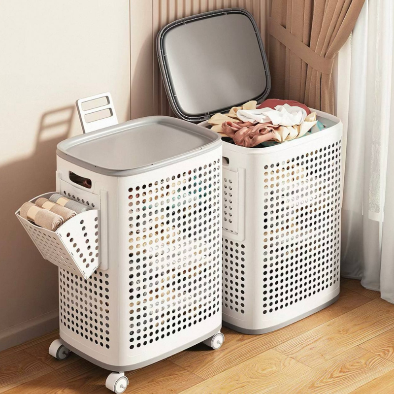 Ventilated Laundry Basket Organizer with Lid & side compartments, with Wheels for Delicates, Bedroom & Laundry Room
