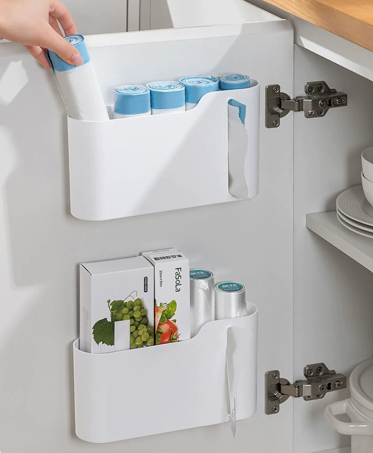 Trash Bag Organizer & Dispenser – Space-Saving Plastic Bag Roll Holder for Kitchen Cabinets, Self-Adhesive Storage Box with Easy-Pull Side Opening