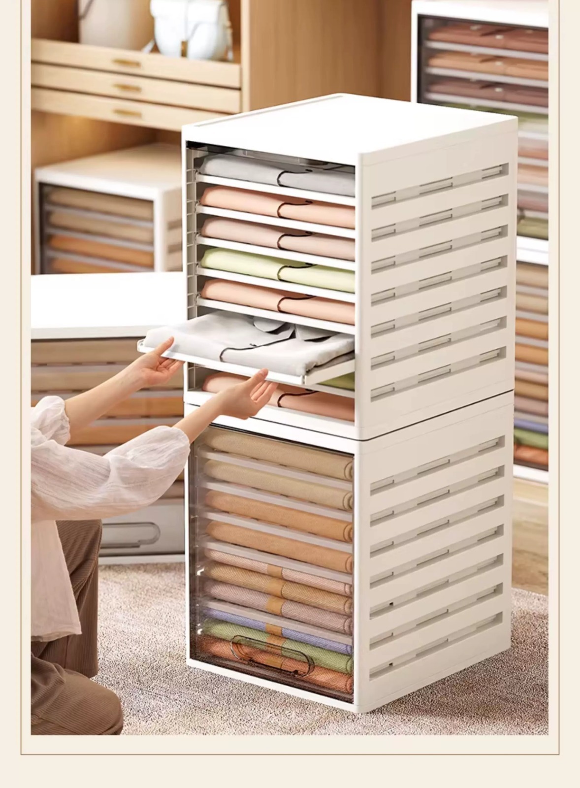 7-Tier Pants & Clothing Organizer for Wardrobe – Adjustable Layered Storage Cabinet with Removable Dividers, Dustproof Front Cover for Trousers, Jeans, Shirts, Sweaters & Bedding