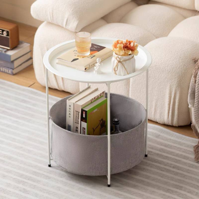 Marble Series Side Coffee Table with Grey Basket