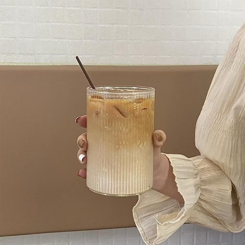 Aesthetic glass cup Fluted ribbed Drinking Glass Mug for Ice Coffee, Matcha Cocktails tea 
