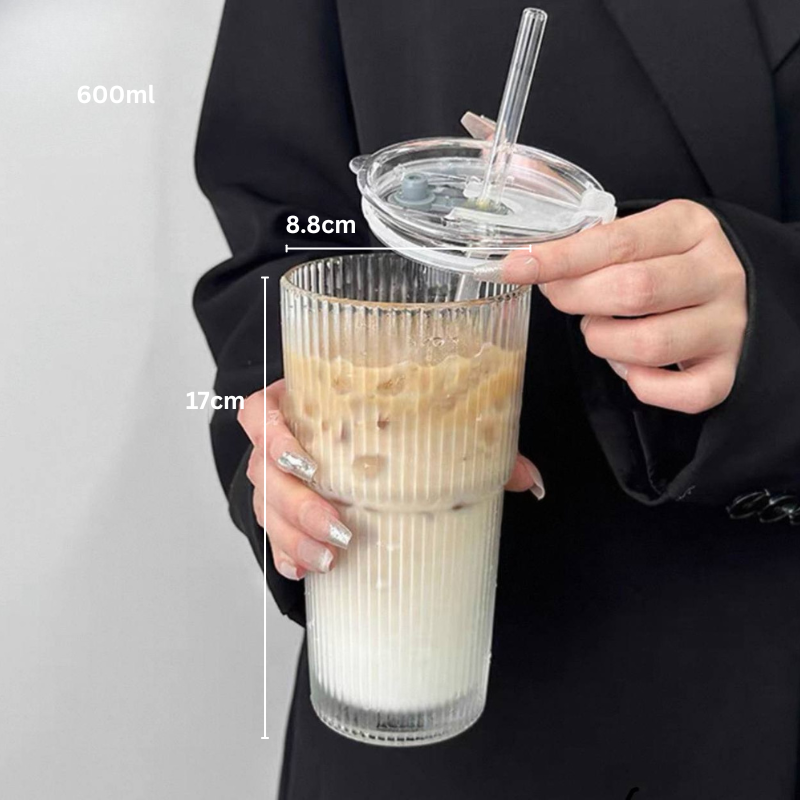 Glass Cup with Straw and lid, minimalist design