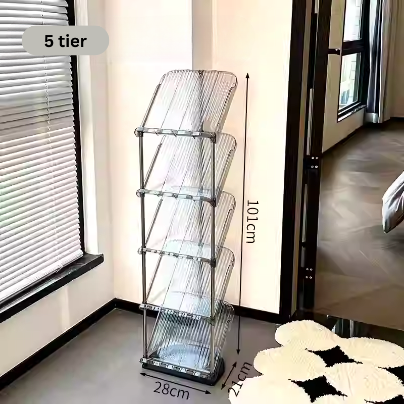 Sleek grey narrow slim acrylic shoe rack