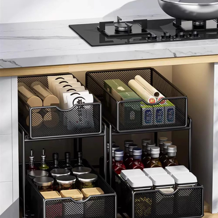 Mesh sliding under sink cabinet rack