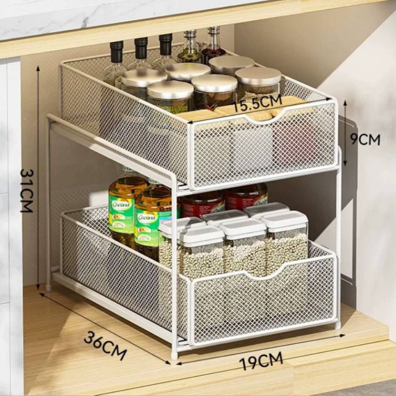 Mesh sliding under sink cabinet rack