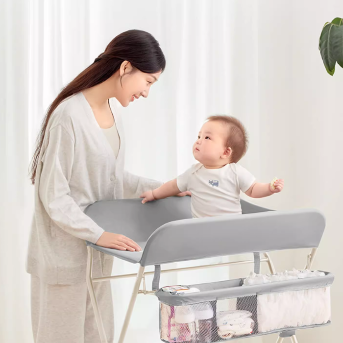 Baby Changing Table, Portable Folding Diaper Changing Station with Wheels, Toddler Storage Rack, Mobile Nursery Organizer for Newborn Infant