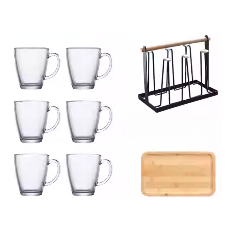 Transparent glass cup set with rack holder / coffee mug / kitchenware