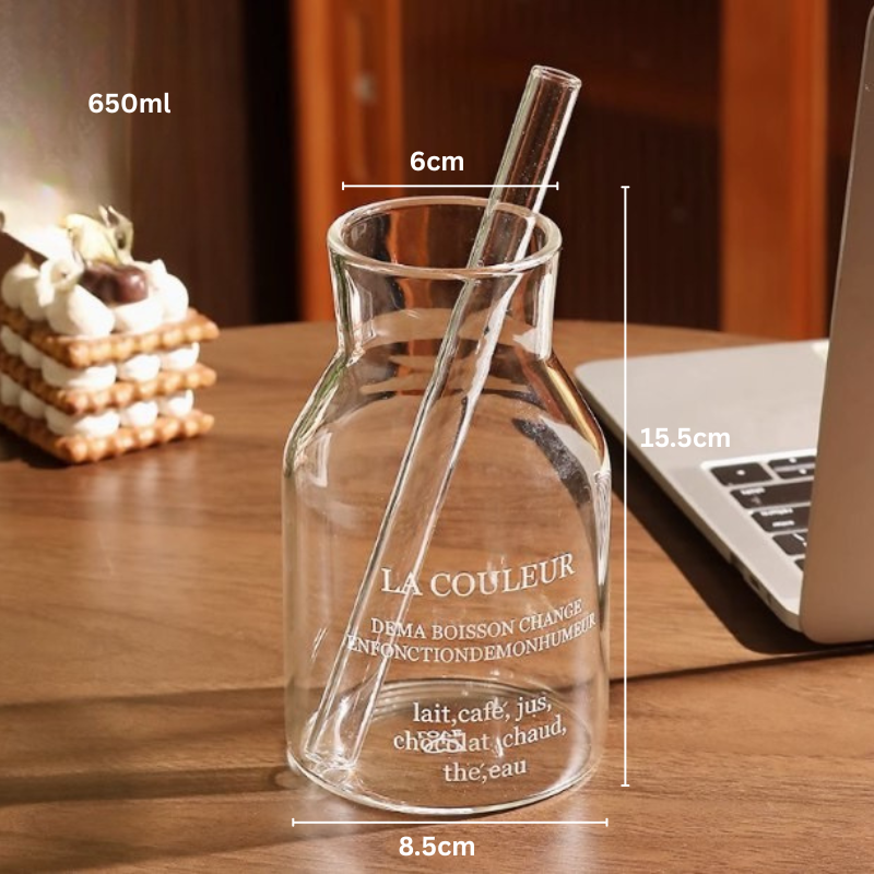 Glass Cup with Straw and lid, minimalist design
