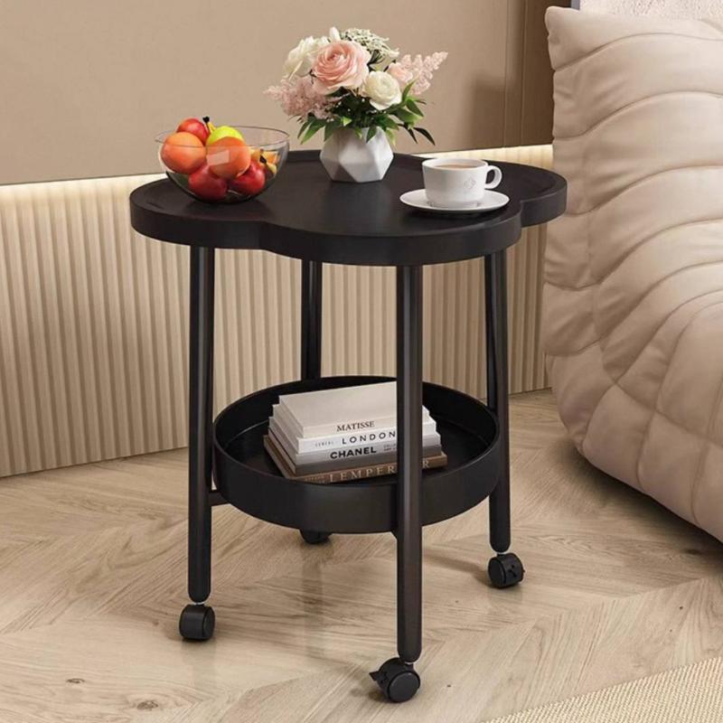 Clover-Shaped Coffee Table with Wheels – Mobile Living Room Center Table with Unique Top & Storage Rack – Modern Design, Wood Finish, Easy to Move