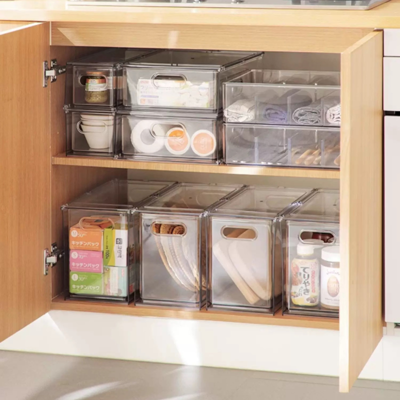 Aesthetic Kitchen Storage Box for Under-Sink, Pantry & Countertop Organization – Stackable Clear Refrigerator Storage Drawer – Fridge Organizer with Pull-Out Drawer