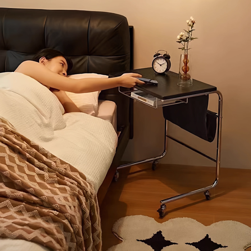 Movable Coffee Table for Small Spaces – Laptop & Bed Table with Storage Pocket, Portable Sofa Side Table, Space-Saving Rolling Table for Home, Bedroom, Living Room