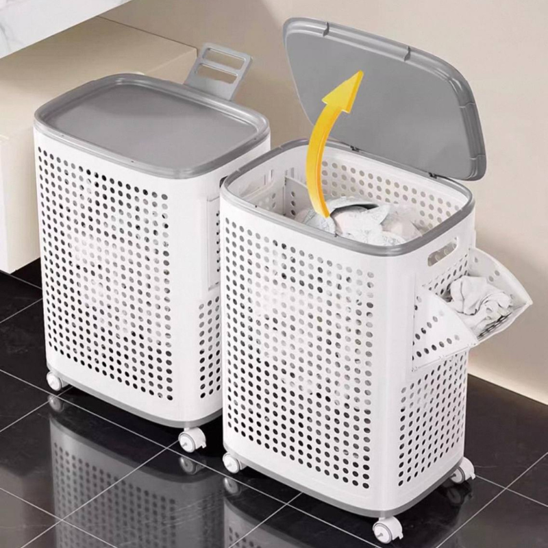 Ventilated Laundry Basket Organizer with Lid & side compartments, with Wheels for Delicates, Bedroom & Laundry Room