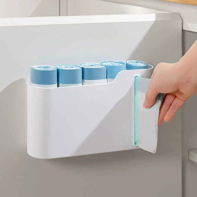Trash Bag Organizer & Dispenser – Space-Saving Plastic Bag Roll Holder for Kitchen Cabinets, Self-Adhesive Storage Box with Easy-Pull Side Opening