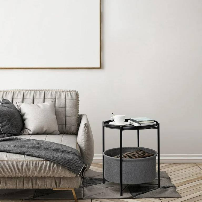 Marble Series Side Coffee Table with Grey Basket