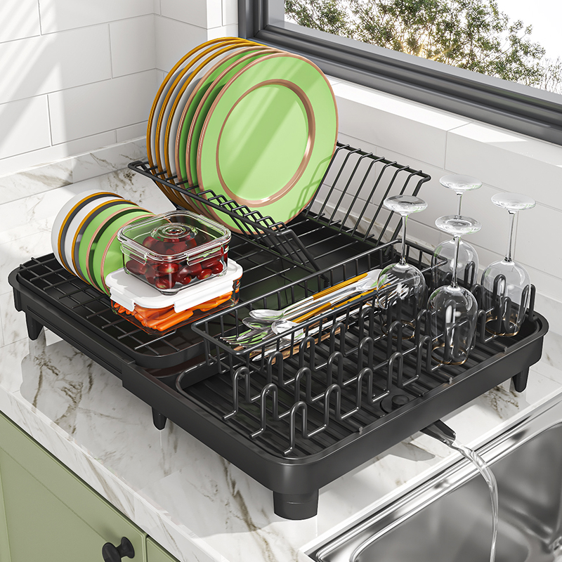 Modern Retractable Dish drying rack with cup cutlery and chopsticks drain holder