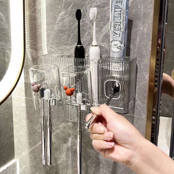 Modern Luxe Bathroom Toothbrush storage holder with toothpaste dispenser and mouthwash cup