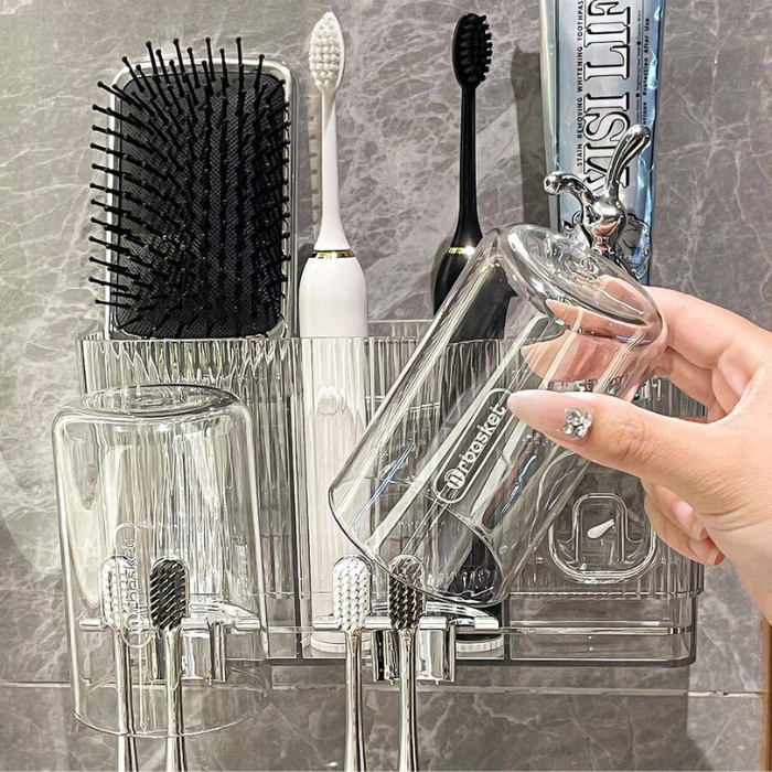 Modern Luxe Bathroom Toothbrush storage holder with toothpaste dispenser and mouthwash cup
