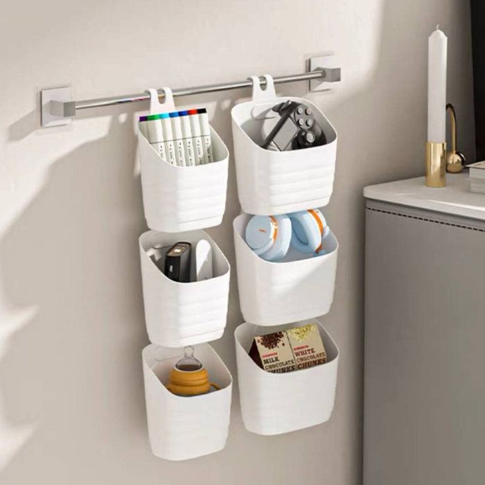 Set of 3 White Portable Hanging Containers / Multi-functional Back-Hung Storage Basket Container with Hook
