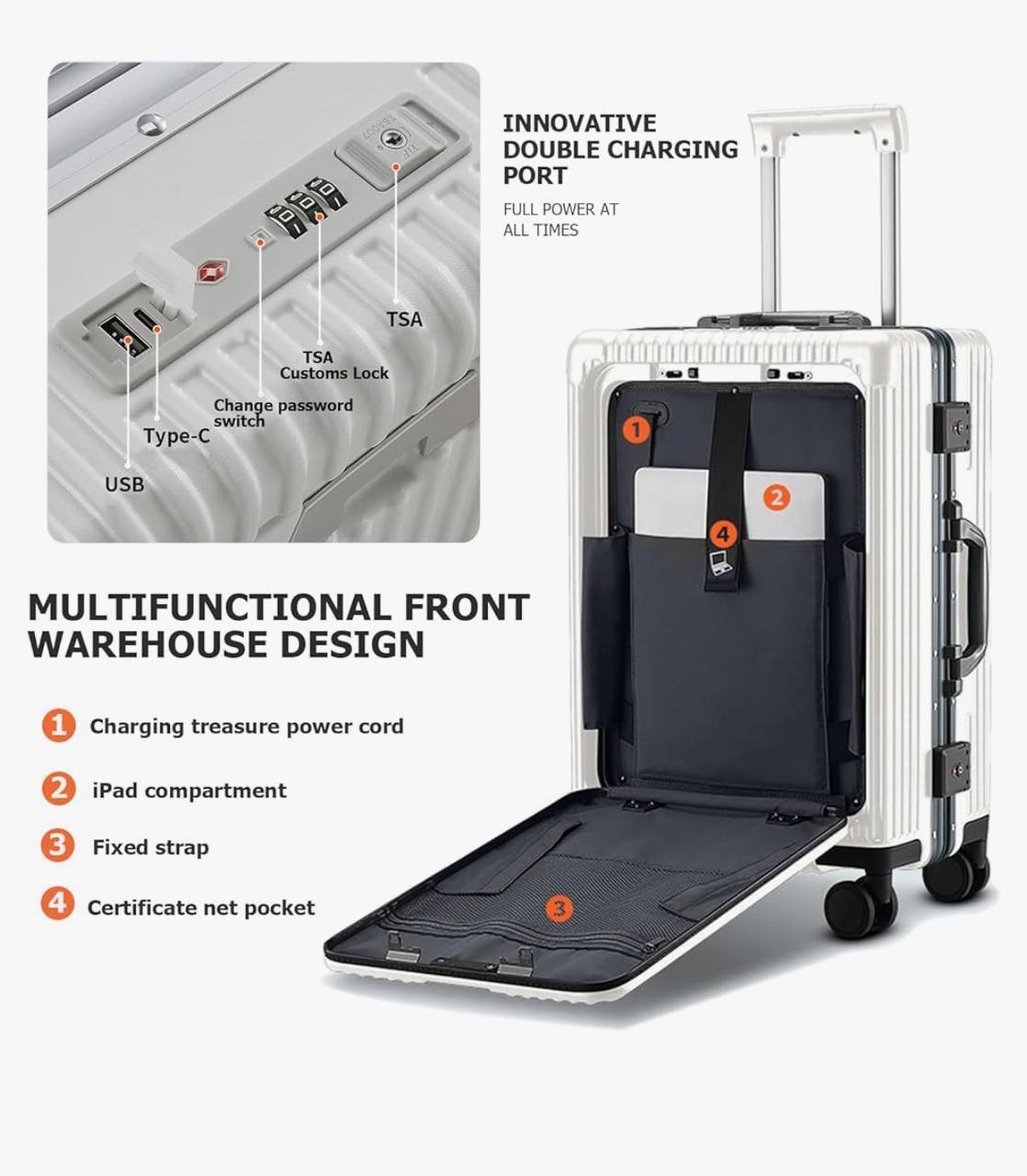 Versatile Aluminum Frame Luggage with USB Charging Port, Front Compartment, Cup holder, TSA Lock, Airline Approved Carry On Hardside Suitcase