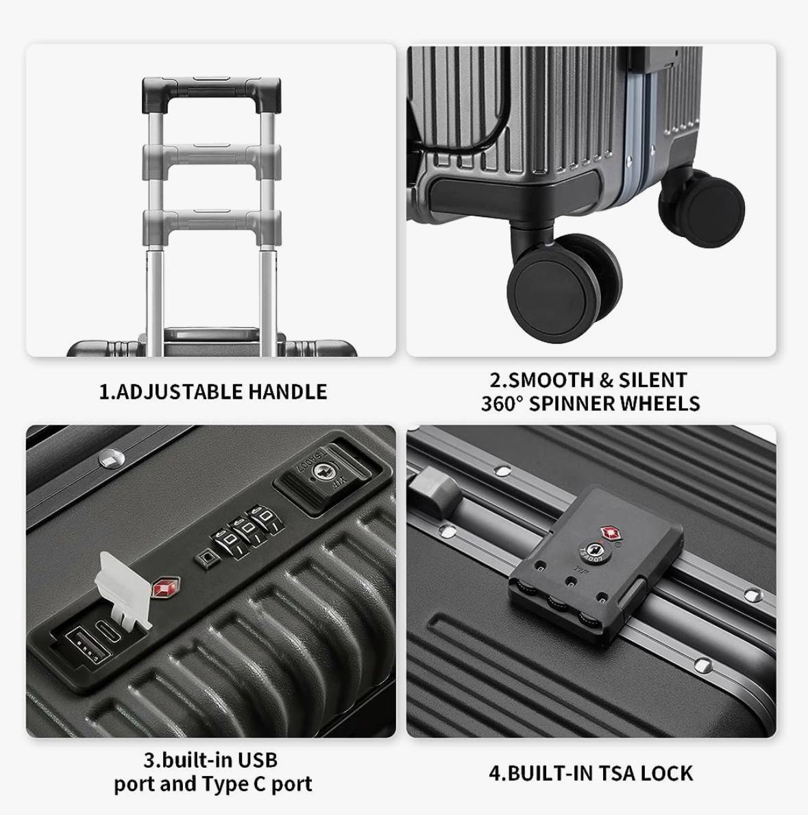 Versatile Aluminum Frame Luggage with USB Charging Port, Front Compartment, Cup holder, TSA Lock, Airline Approved Carry On Hardside Suitcase