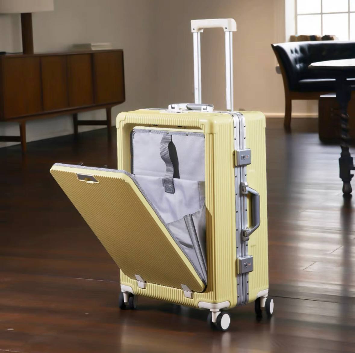 Versatile Aluminum Frame Luggage with USB Charging Port, Front Compartment, Cup holder, TSA Lock, Airline Approved Carry On Hardside Suitcase