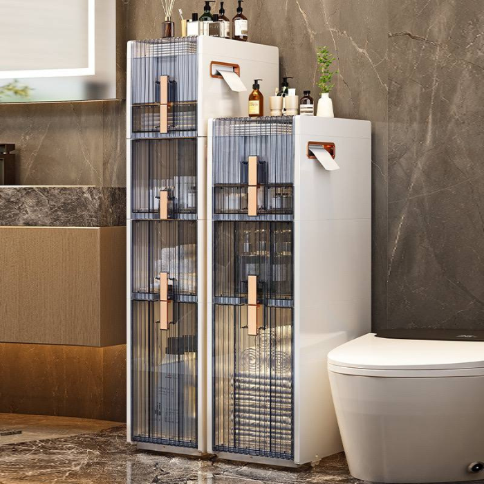 Modern White & Rose Gold Ultra Slim Bathroom Storage Cabinet with Toilet Paper Holder • toilet drawer cabinet