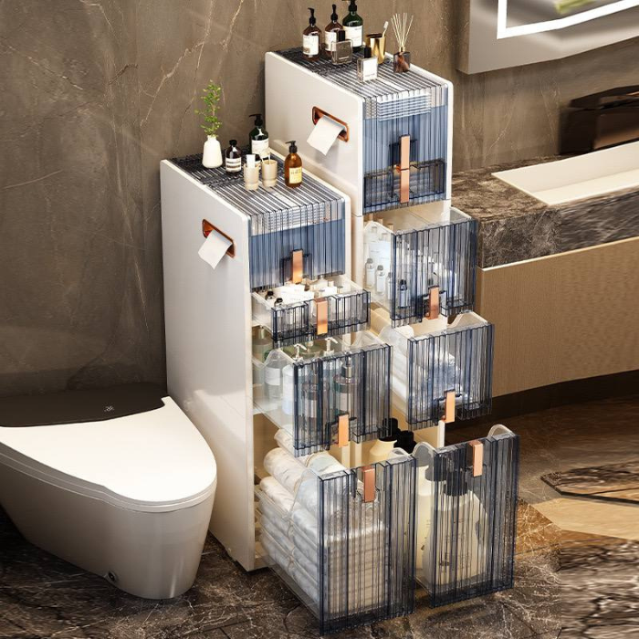 Modern White & Rose Gold Ultra Slim Bathroom Storage Cabinet with Toilet Paper Holder • toilet drawer cabinet