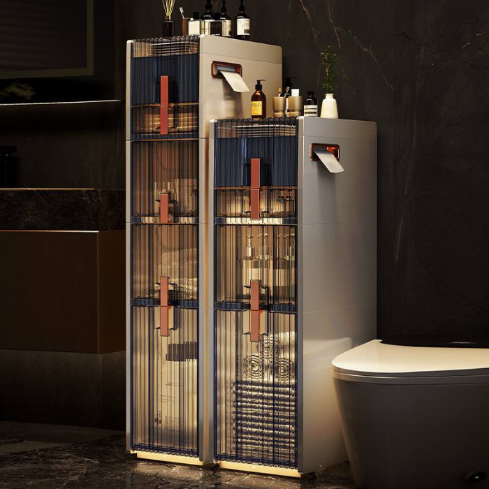 Modern White & Rose Gold Ultra Slim Bathroom Storage Cabinet with Toilet Paper Holder • toilet drawer cabinet