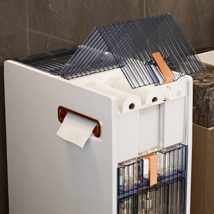 Modern White & Rose Gold Ultra Slim Bathroom Storage Cabinet with Toilet Paper Holder • toilet drawer cabinet