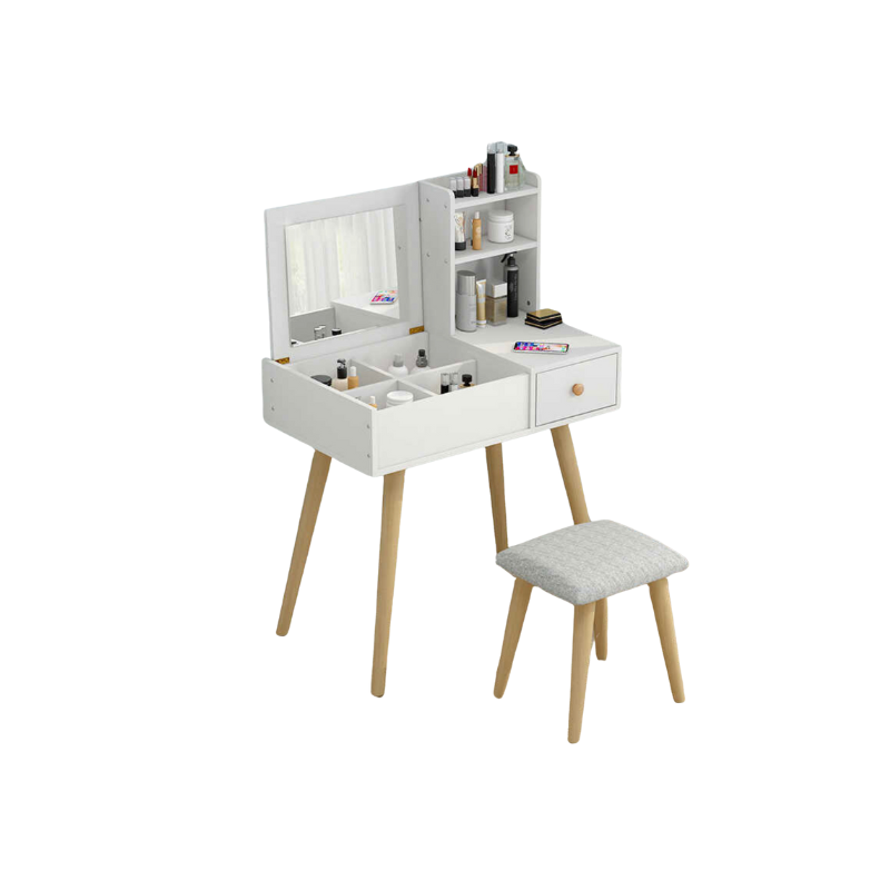 Wooden dressing table with hidden storage flip up mirror, shelf, drawers and stool / dresser / vanity table