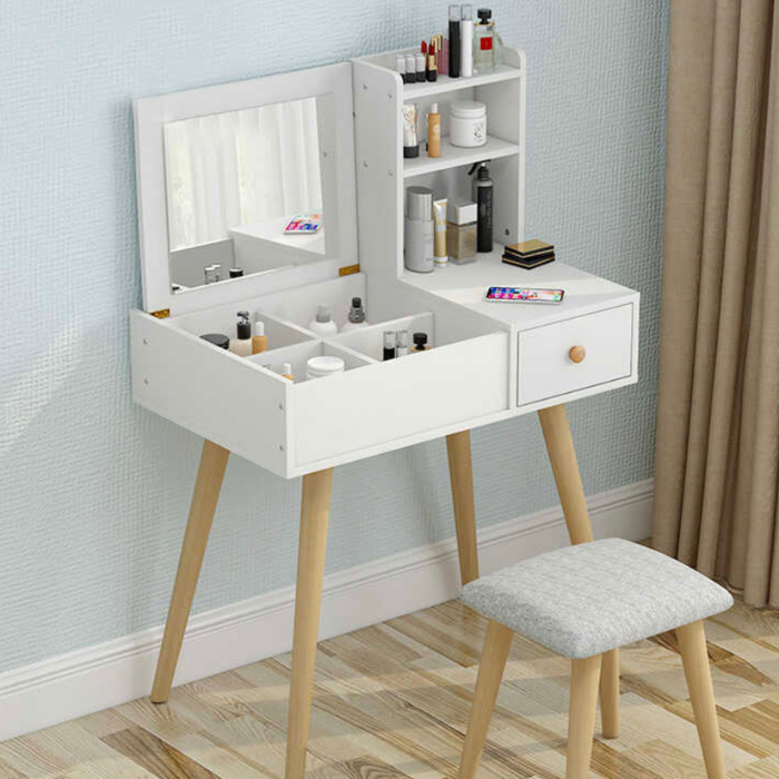 Wooden dressing table with hidden storage flip up mirror, shelf, drawers and stool / dresser / vanity table