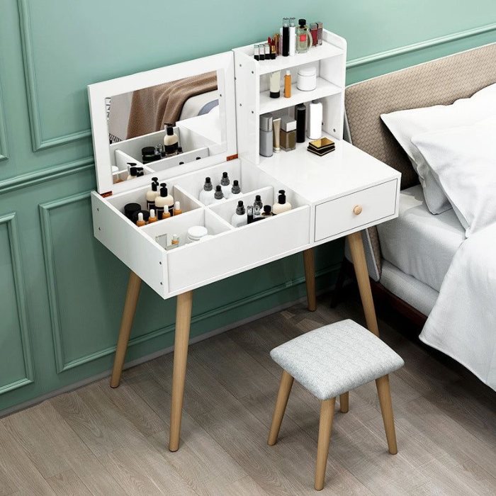 Wooden dressing table with hidden storage flip up mirror, shelf, drawers and stool / dresser / vanity table