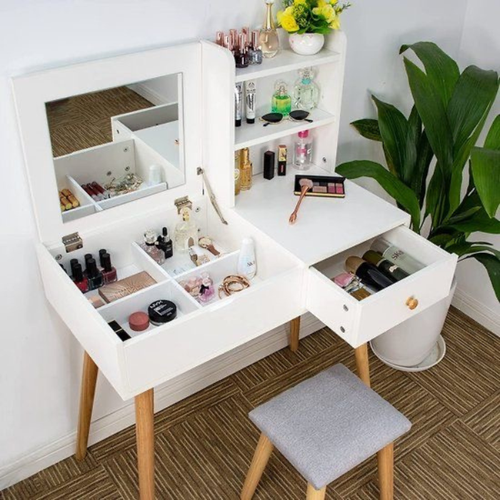 Wooden dressing table with hidden storage flip up mirror, shelf, drawers and stool / dresser / vanity table