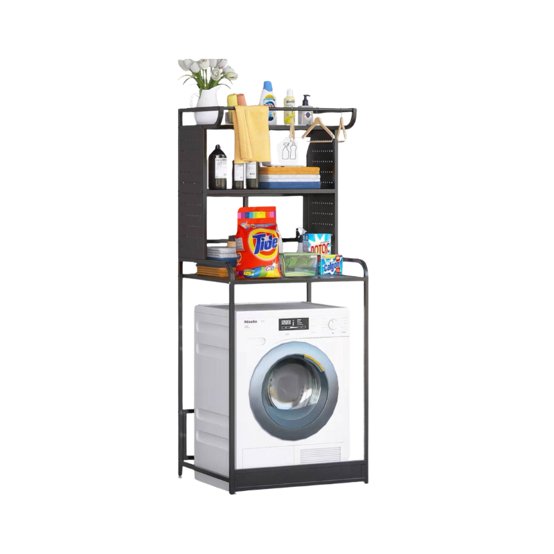 Washing machine rack with pegboard side storage / service yard shelf